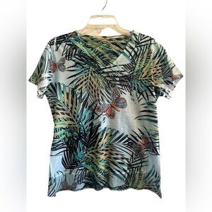 Essentals Milano Sparkling Tropical Palms Butterfly Tee Shirt Womens Medium